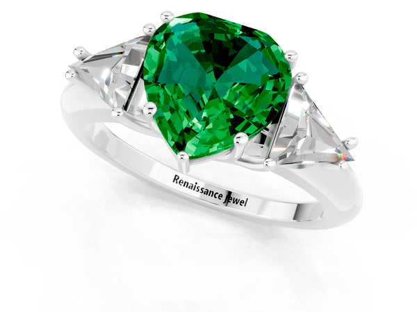 Silver Three-Stone Heart Cut Emerald Engagement Ring with Trillion Side Stones and Prong Setting