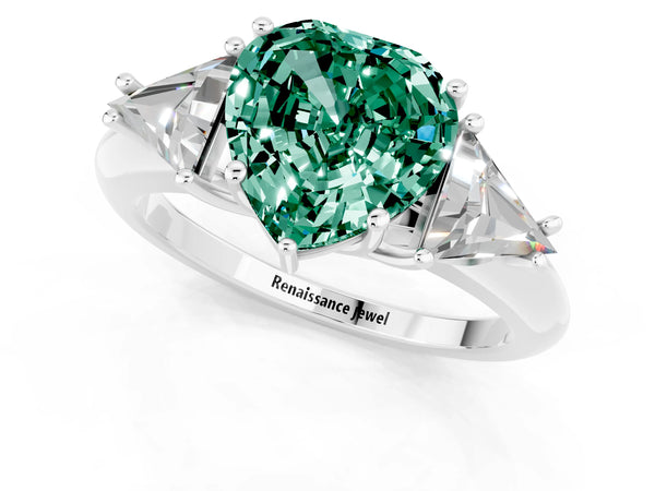 Silver Three-Stone Heart Cut Green Sapphire Engagement Ring with Trillion Side Stones and Prong Setting