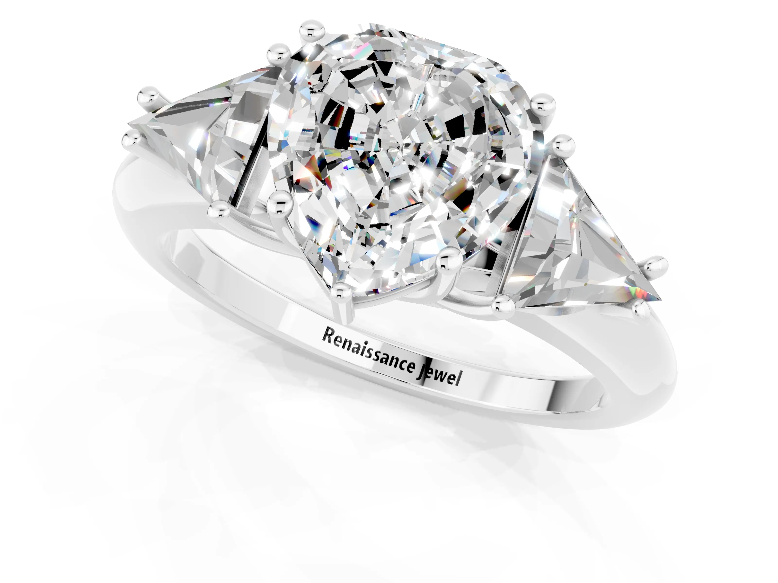 White gold Three-Stone Heart Cut Cut Diamond Ring with Trillion Side Stones and Four-Prong Setting_1