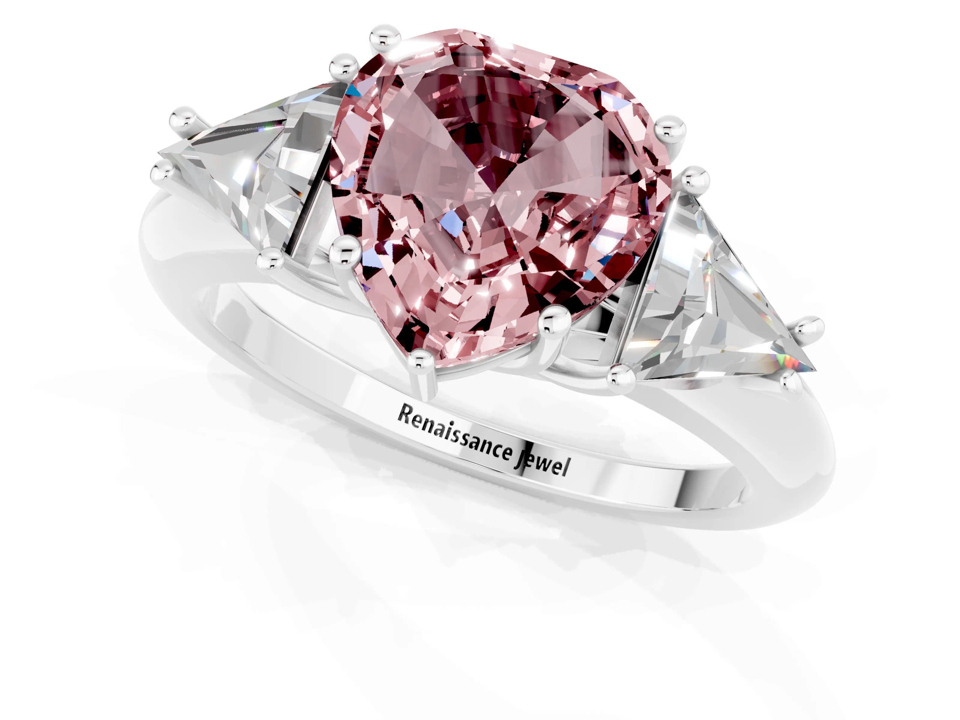 White gold Three-Stone Heart Cut Cut Diamond Ring with Trillion Side Stones and Four-Prong Setting_1