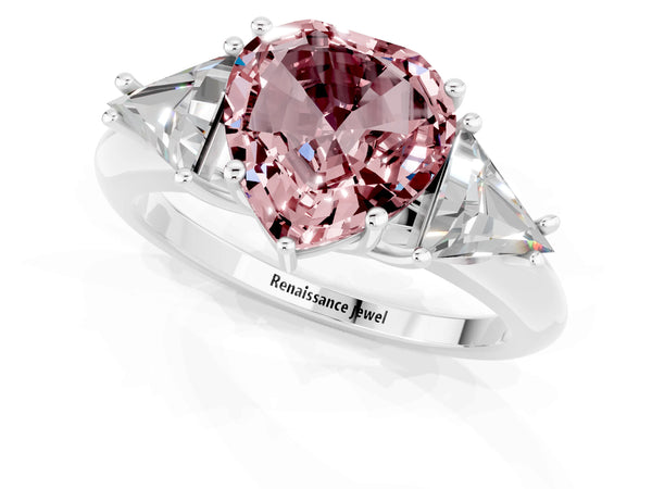 Silver Three-Stone Heart Cut Cut Diamond Ring with Trillion Side Stones and Four-Prong Setting