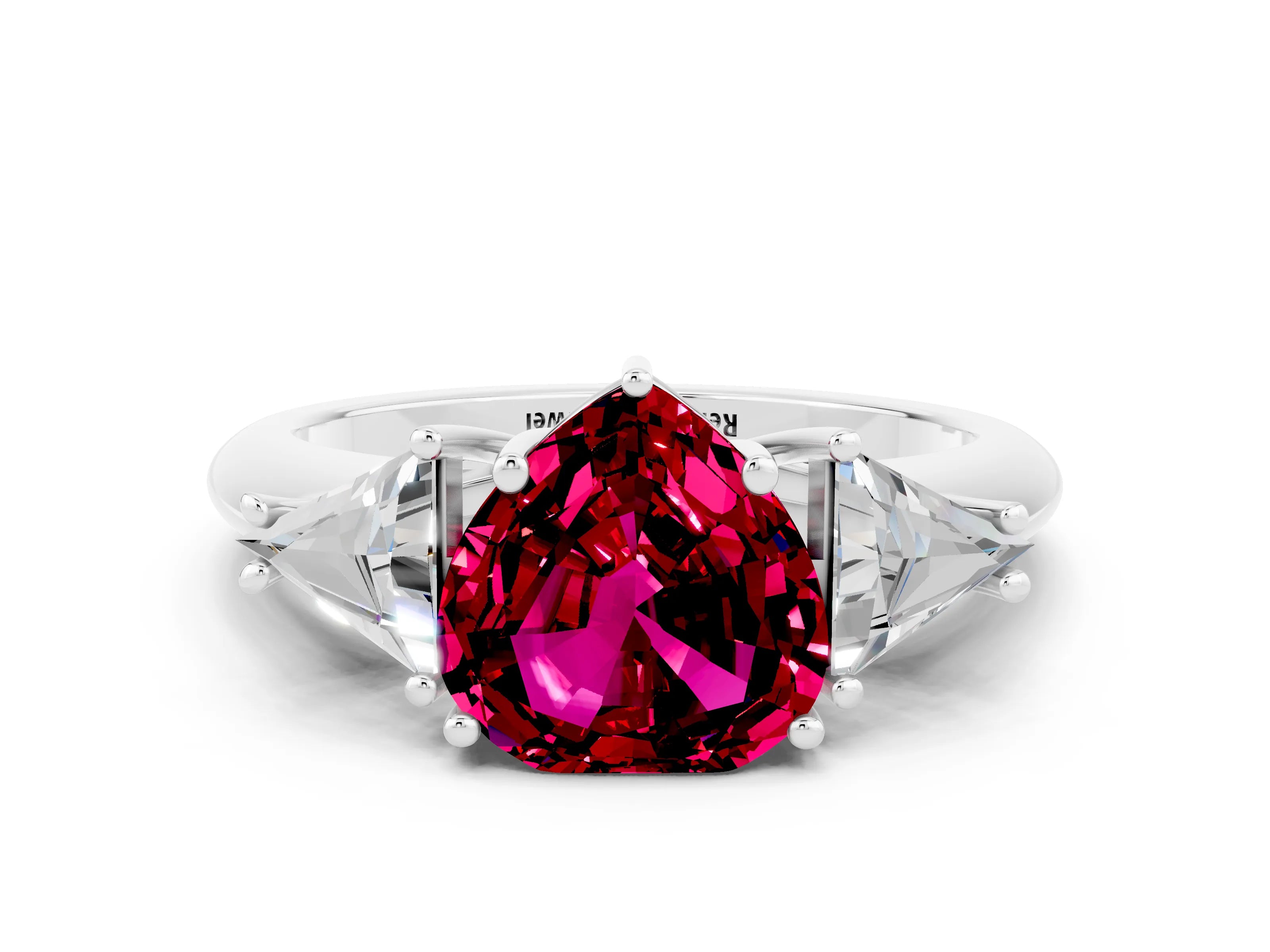 White gold Three-Stone Heart Cut Cut Diamond Ring with Trillion Side Stones and Four-Prong Setting