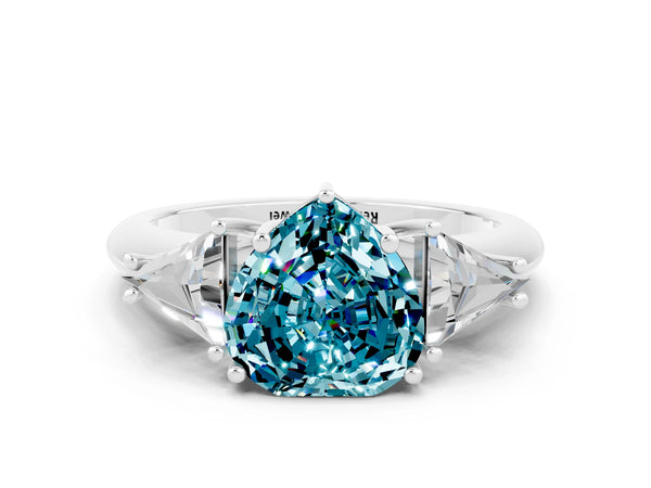 Platinum Three-Stone Heart Cut Cut Diamond Ring with Trillion Side Stones and Four-Prong Setting