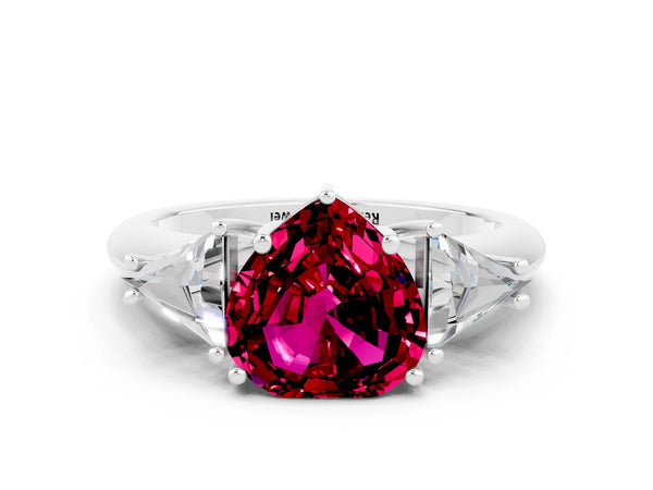 Platinum Three-Stone Heart Cut Cut Diamond Ring with Trillion Side Stones and Four-Prong Setting
