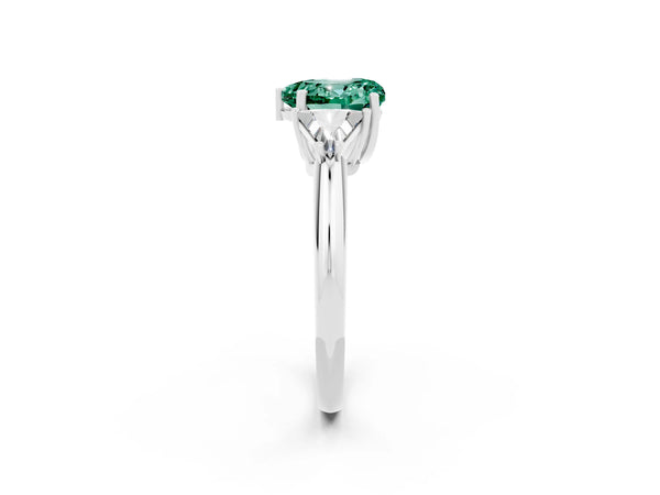 Platinum Three-Stone Heart Cut Green Sapphire Engagement Ring with Trillion Side Stones and Prong Setting