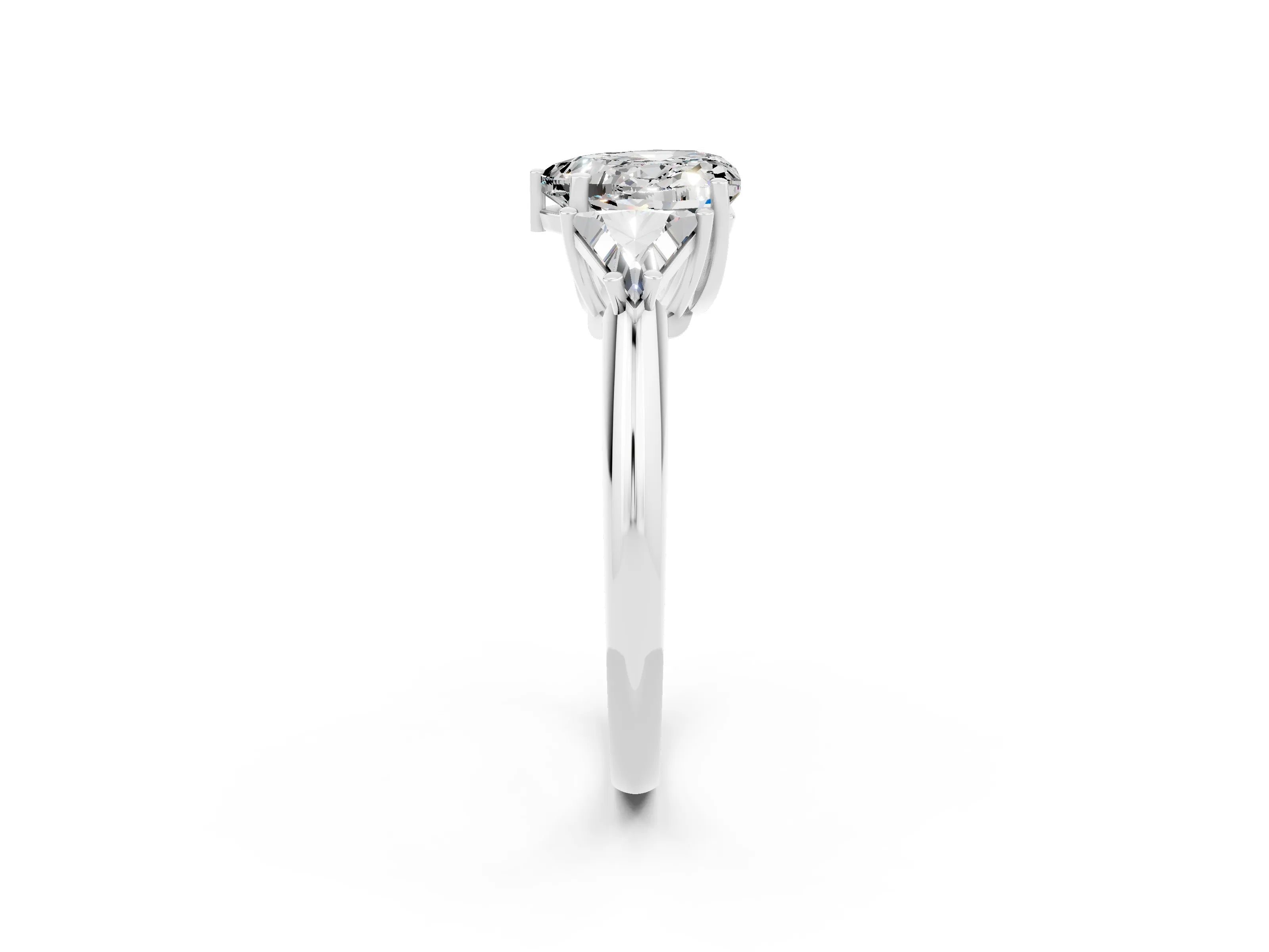 White gold Three-Stone Heart Cut Cut Diamond Ring with Trillion Side Stones and Four-Prong Setting_2
