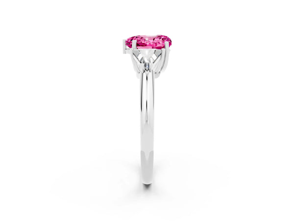 Platinum Three-Stone Heart Cut Cut Diamond Ring with Trillion Side Stones and Four-Prong Setting