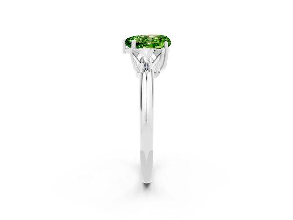 Silver Three-Stone Heart Cut Cut Diamond Ring with Trillion Side Stones and Four-Prong Setting