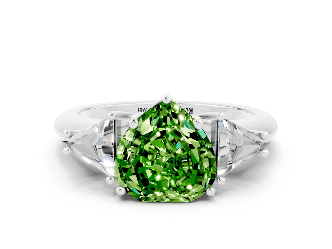 White gold Three-Stone Heart Cut Cut Diamond Ring with Trillion Side Stones and Four-Prong Setting