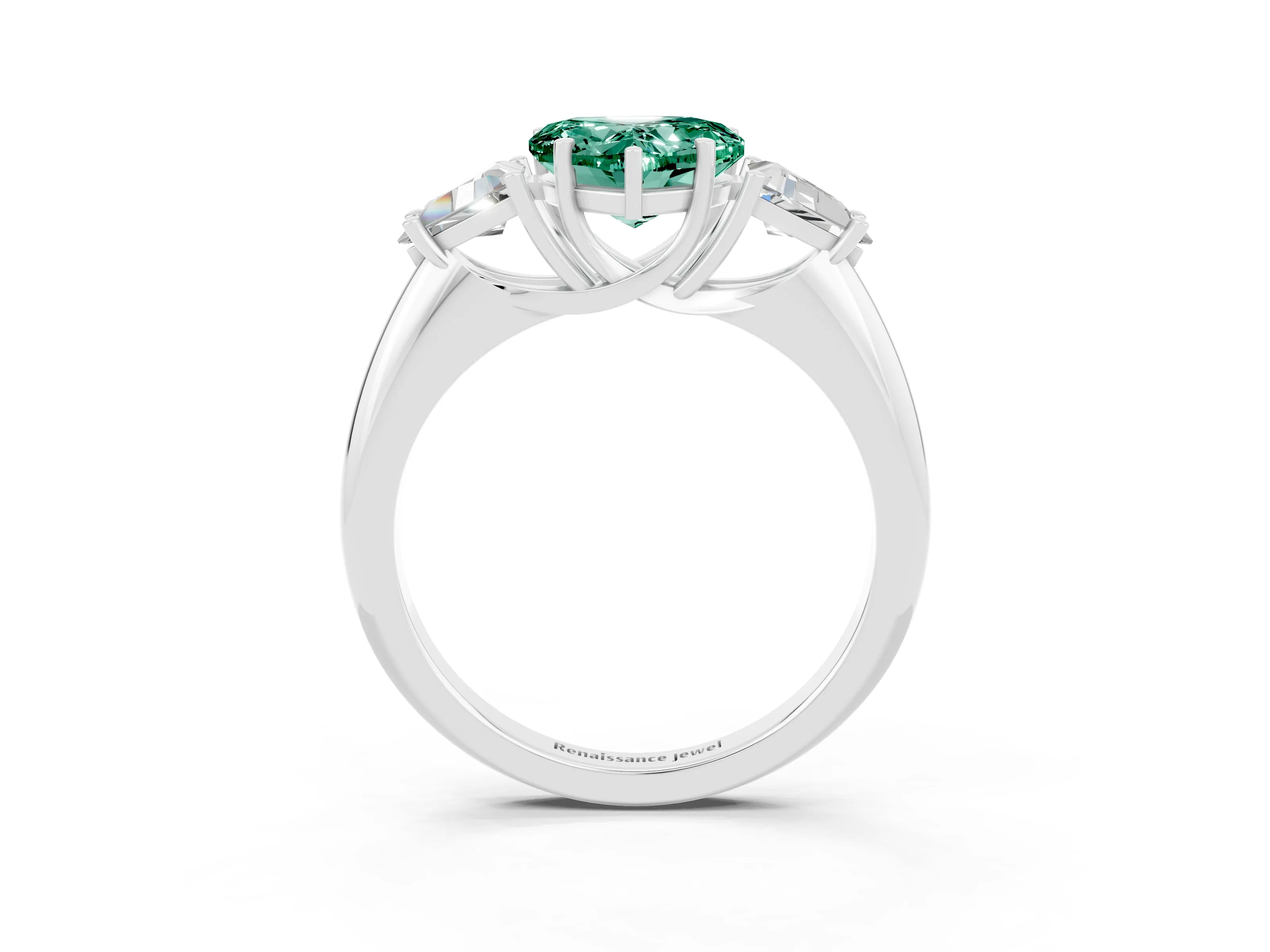 White gold Three-Stone Heart Cut Cut Diamond Ring with Trillion Side Stones and Four-Prong Setting_3