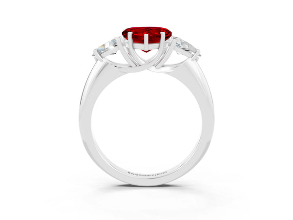 White gold Three-Stone Heart Cut Cut Diamond Ring with Trillion Side Stones and Four-Prong Setting