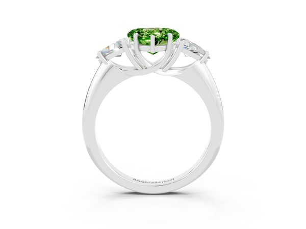 Platinum Three-Stone Heart Cut Cut Diamond Ring with Trillion Side Stones and Four-Prong Setting