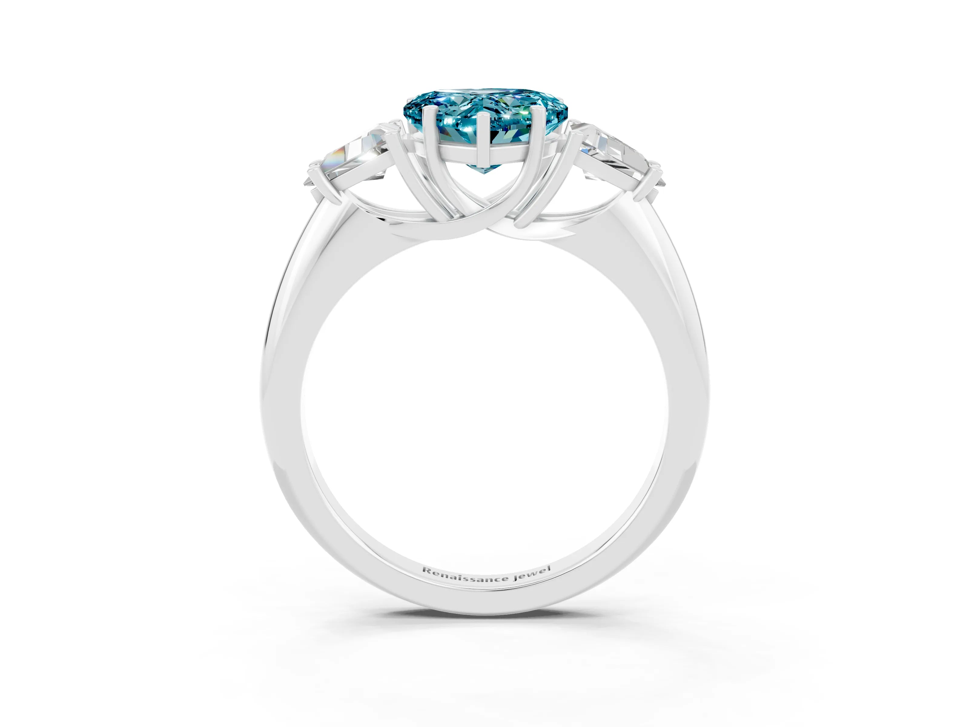 White gold Three-Stone Heart Cut Cut Diamond Ring with Trillion Side Stones and Four-Prong Setting_3