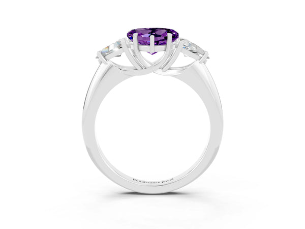 Silver Three-Stone Heart Cut Cut Diamond Ring with Trillion Side Stones and Four-Prong Setting
