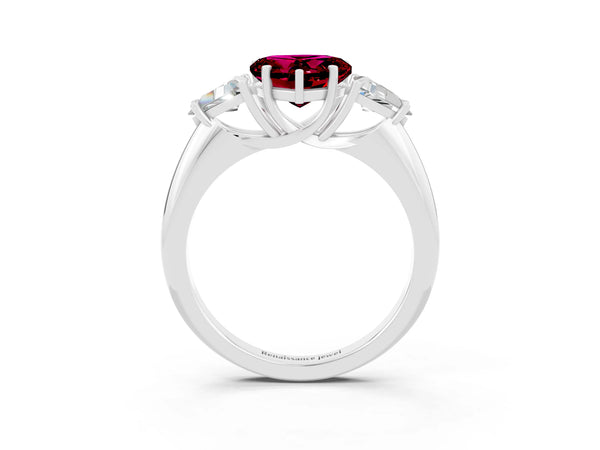 Platinum Three-Stone Heart Cut Cut Diamond Ring with Trillion Side Stones and Four-Prong Setting