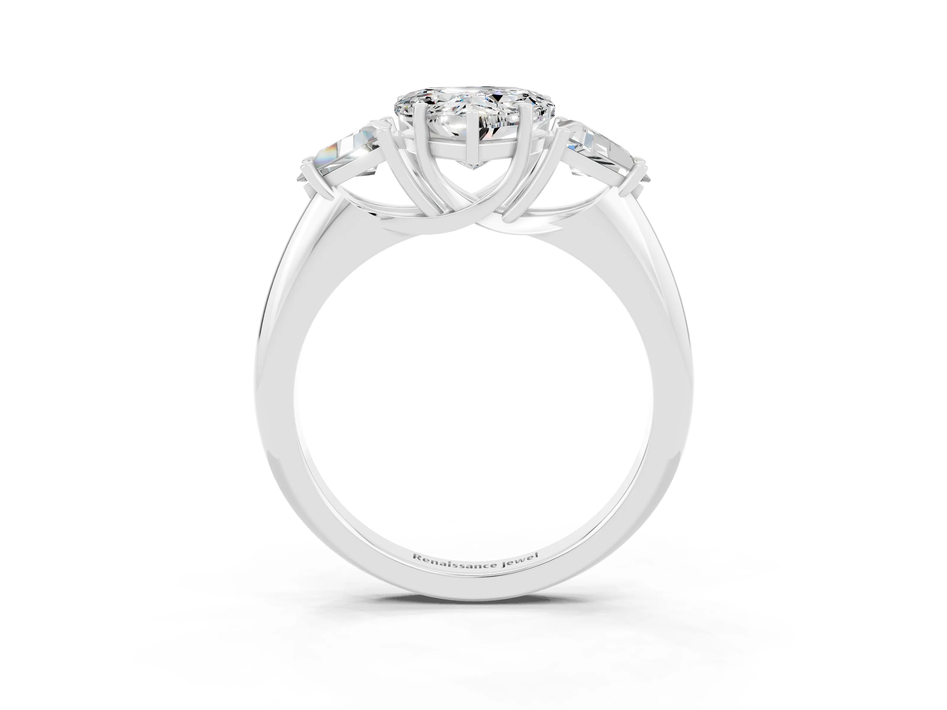 White gold Three-Stone Heart Cut Cut Diamond Ring with Trillion Side Stones and Four-Prong Setting_3