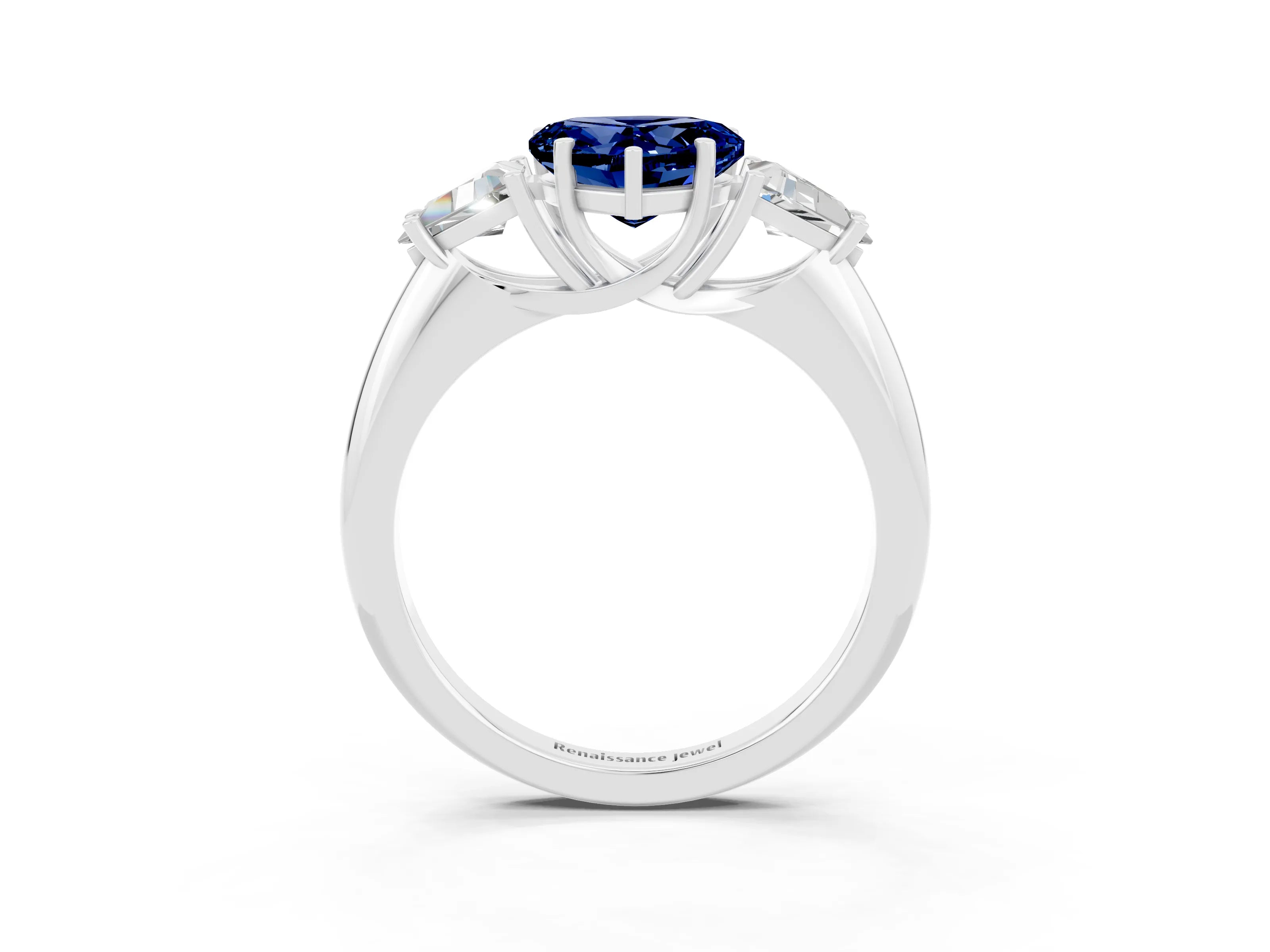 White gold Three-Stone Heart Cut Cut Diamond Ring with Trillion Side Stones and Four-Prong Setting_3