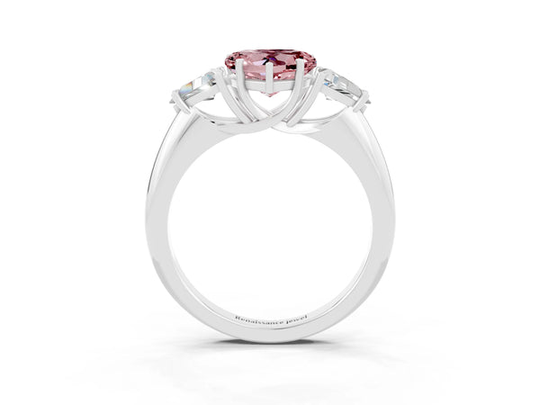 Platinum Three-Stone Heart Cut Cut Diamond Ring with Trillion Side Stones and Four-Prong Setting
