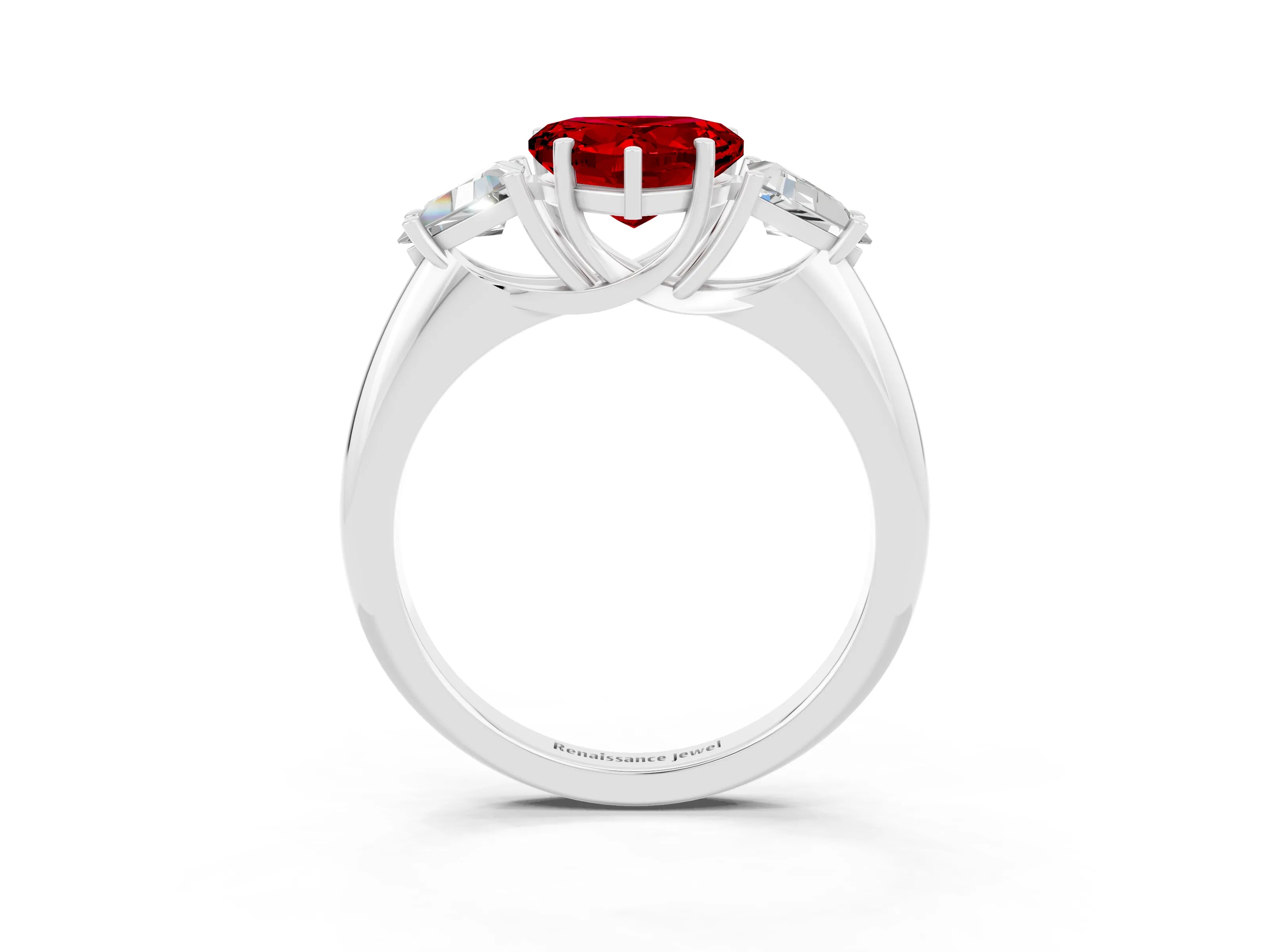 White gold Three-Stone Heart Cut Cut Diamond Ring with Trillion Side Stones and Four-Prong Setting_3