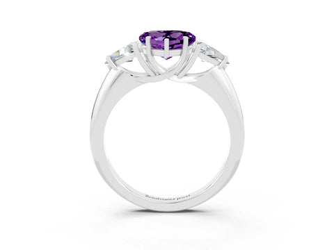 White gold Three-Stone Heart Cut Cut Diamond Ring with Trillion Side Stones and Four-Prong Setting_3