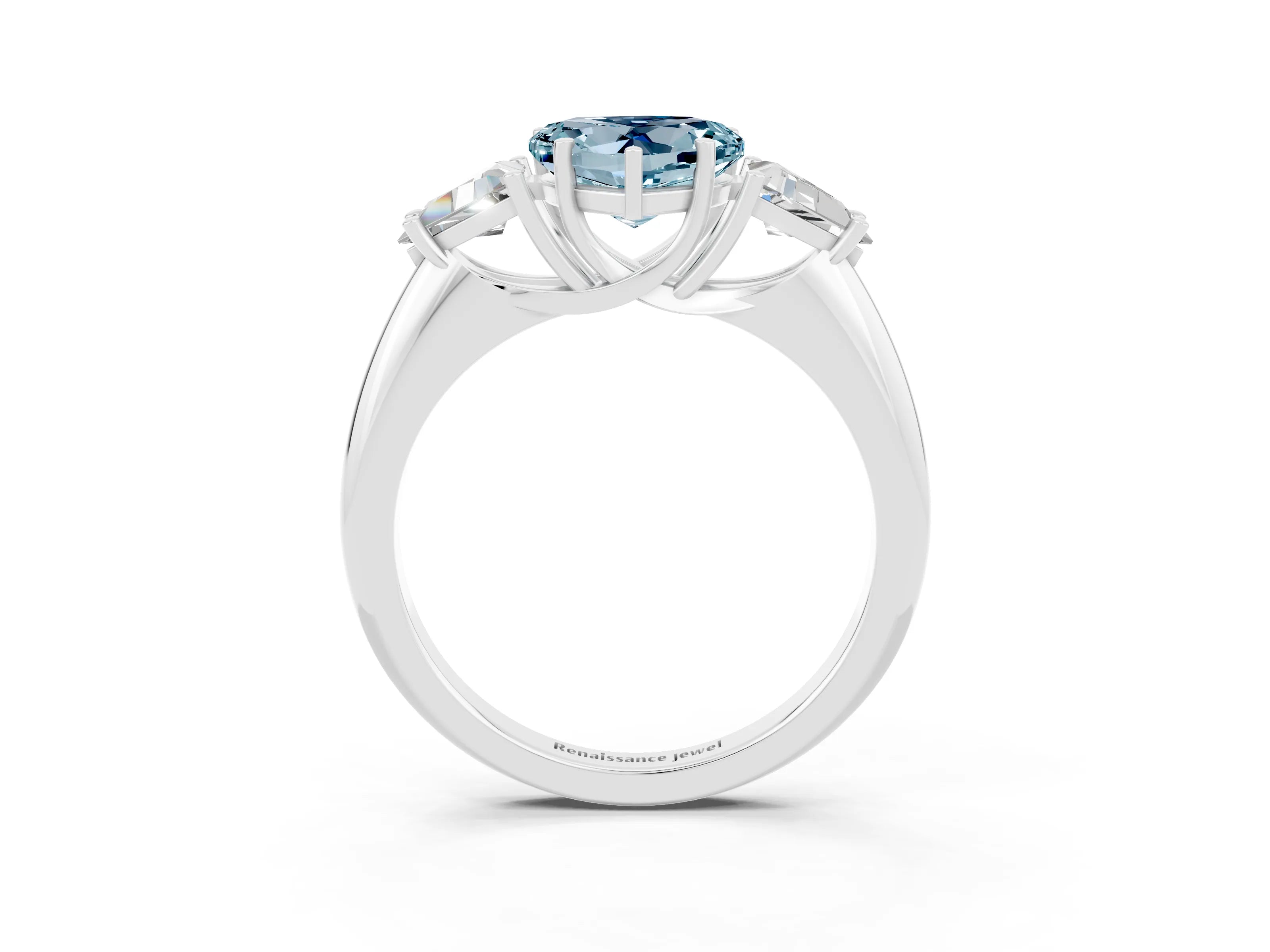 White gold Three-Stone Heart Cut Cut Diamond Ring with Trillion Side Stones and Four-Prong Setting_3