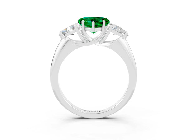 White gold Three-Stone Heart Cut Emerald Engagement Ring with Trillion Side Stones and Prong Setting