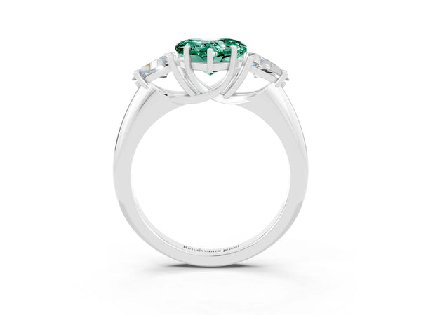 Silver Three-Stone Heart Cut Green Sapphire Engagement Ring with Trillion Side Stones and Prong Setting