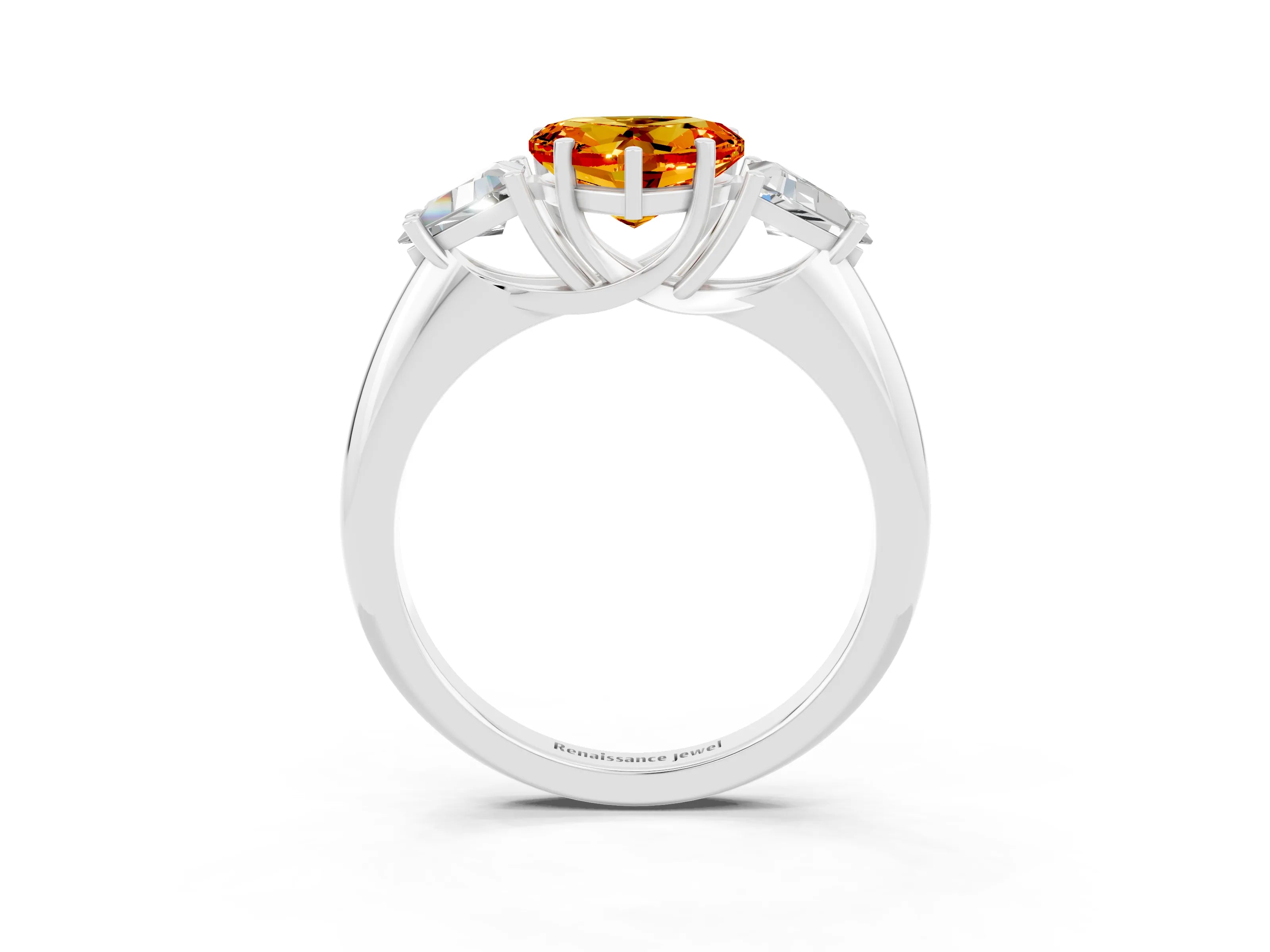 White gold Three-Stone Heart Cut Cut Diamond Ring with Trillion Side Stones and Four-Prong Setting_3