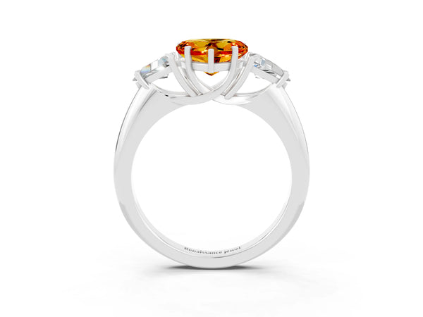 Silver Three-Stone Heart Cut Cut Diamond Ring with Trillion Side Stones and Four-Prong Setting