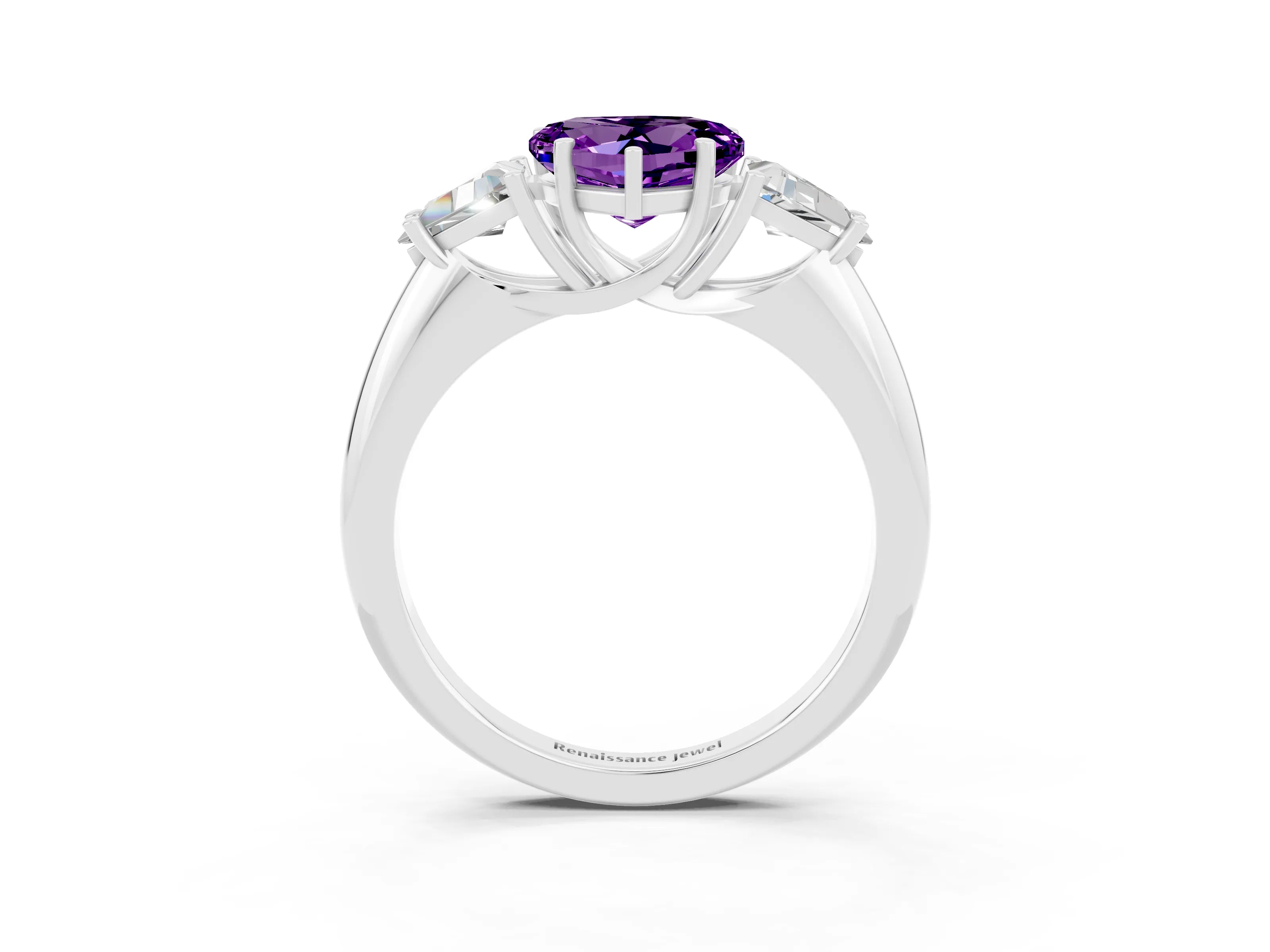 White gold Three-Stone Heart Cut Cut Diamond Ring with Trillion Side Stones and Four-Prong Setting_3