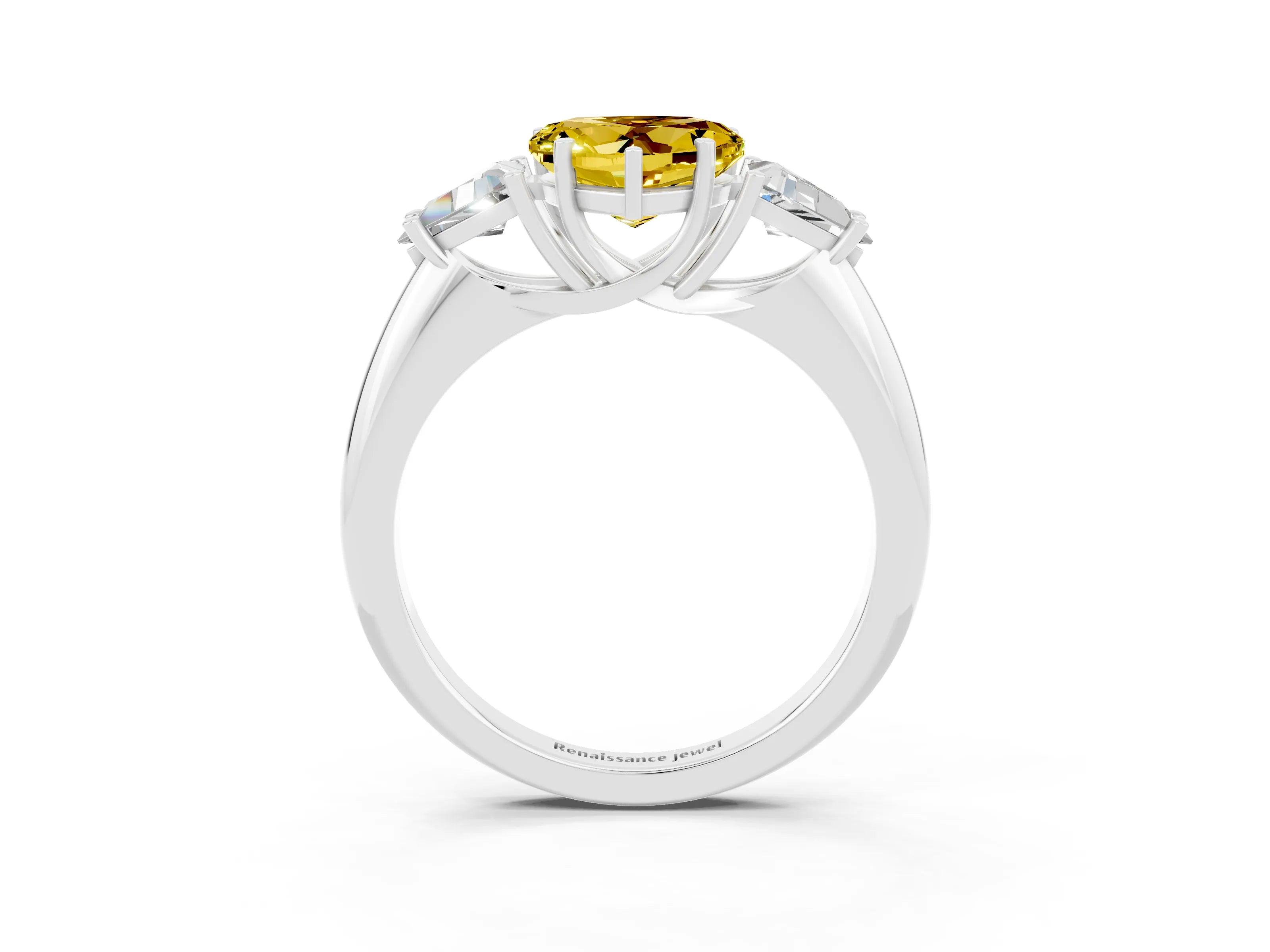 White gold Three-Stone Heart Cut Cut Diamond Ring with Trillion Side Stones and Four-Prong Setting_3