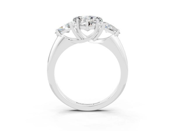 Silver Three-Stone Heart Cut Moissanite Engagement Ring with Trillion Side Stones and Prong Setting