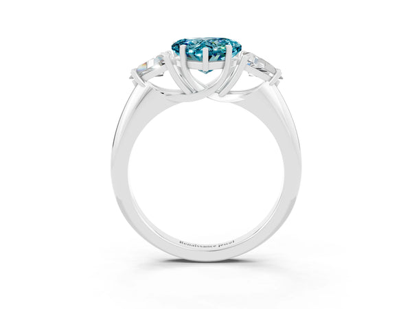Platinum Three-Stone Heart Cut Cut Diamond Ring with Trillion Side Stones and Four-Prong Setting