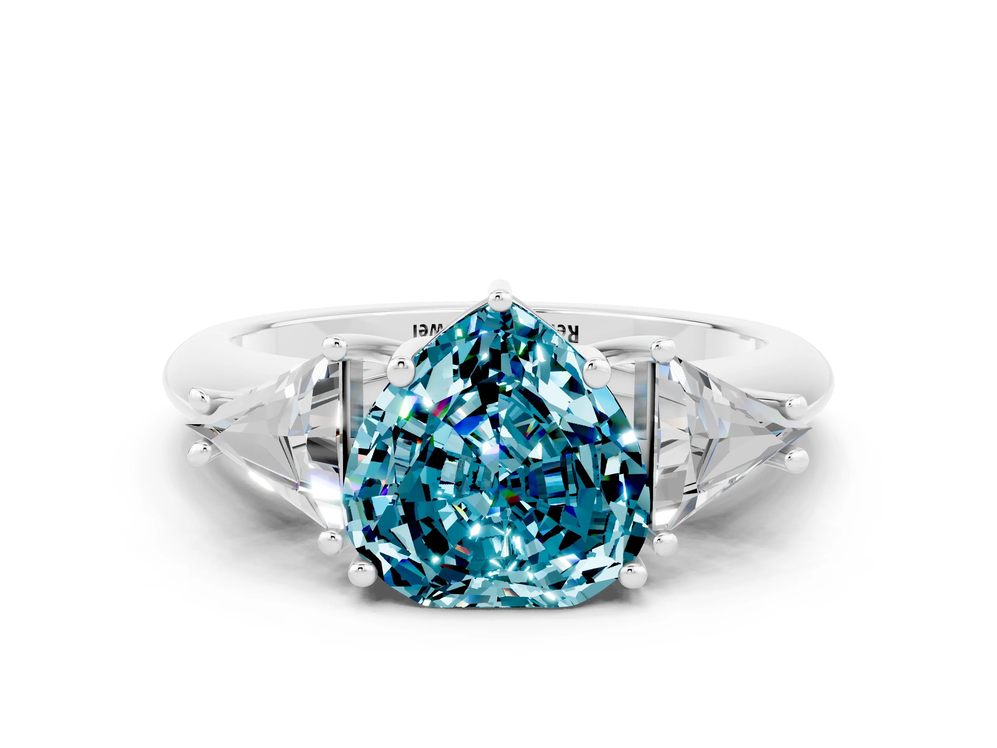 White gold Three-Stone Heart Cut Cut Diamond Ring with Trillion Side Stones and Four-Prong Setting