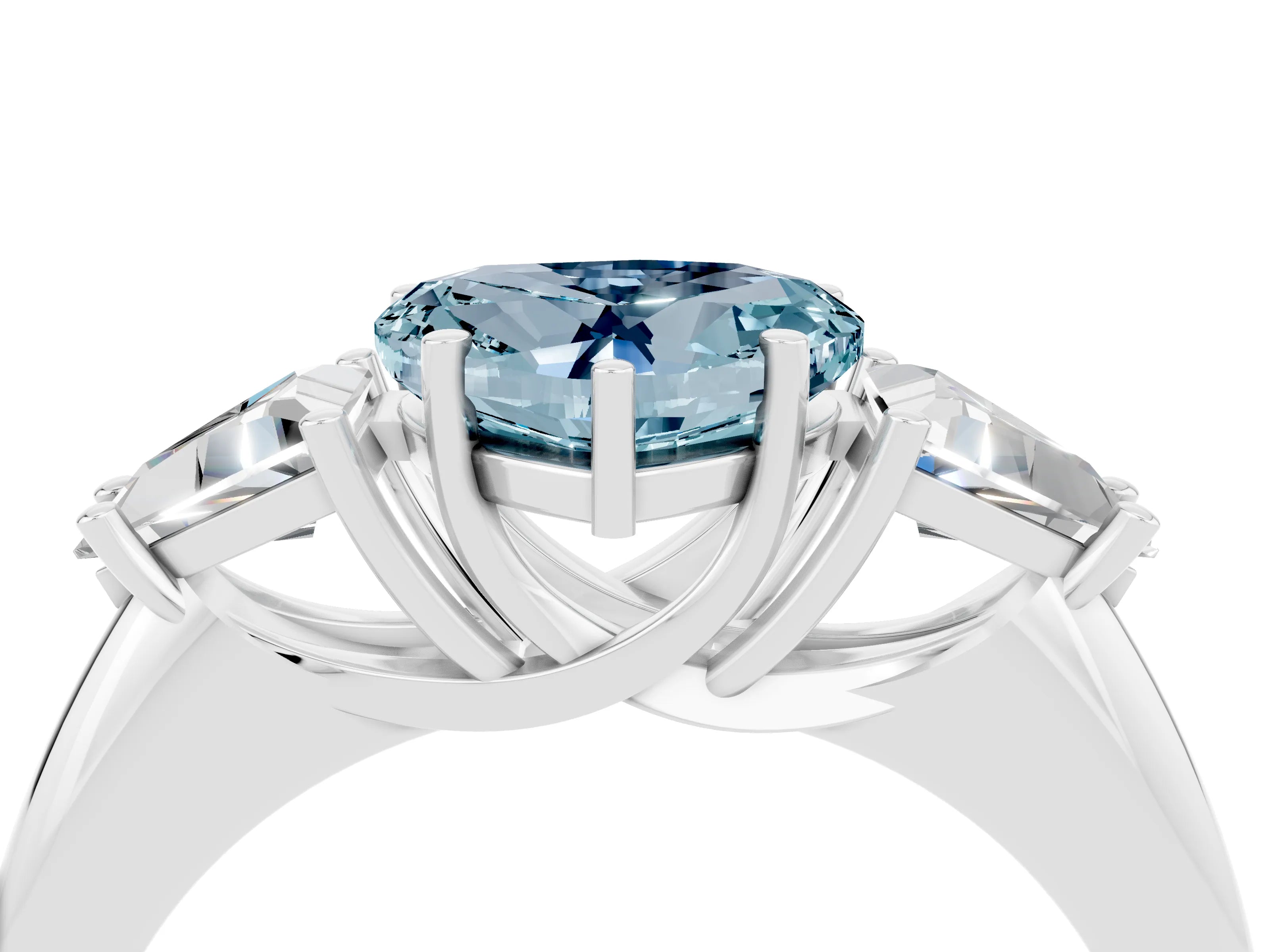 White gold Three-Stone Heart Cut Cut Diamond Ring with Trillion Side Stones and Four-Prong Setting_4