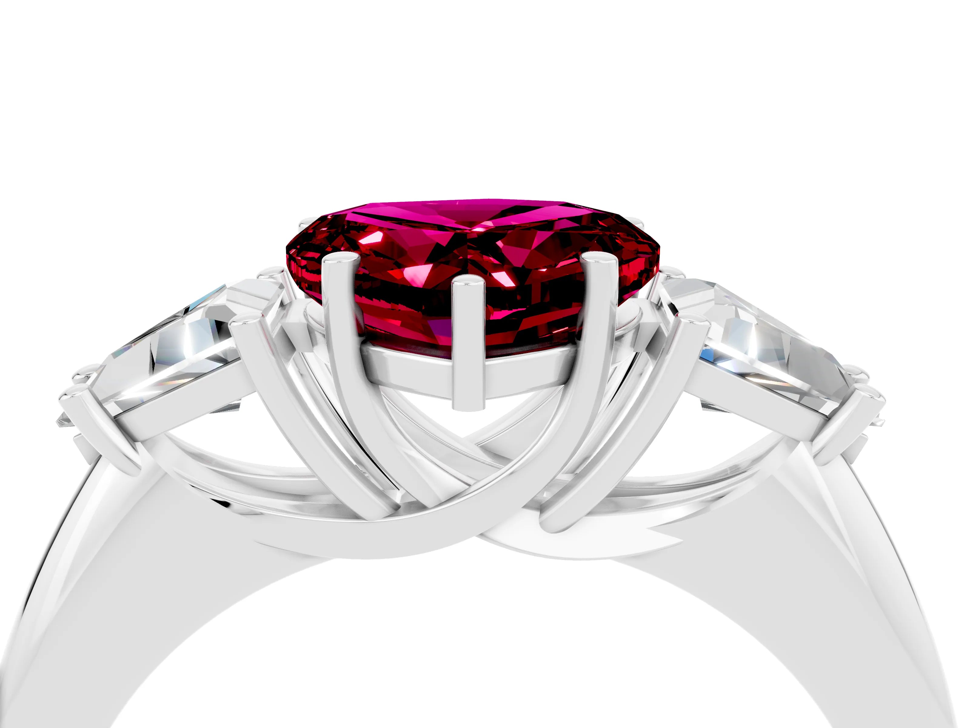 White gold Three-Stone Heart Cut Cut Diamond Ring with Trillion Side Stones and Four-Prong Setting_4