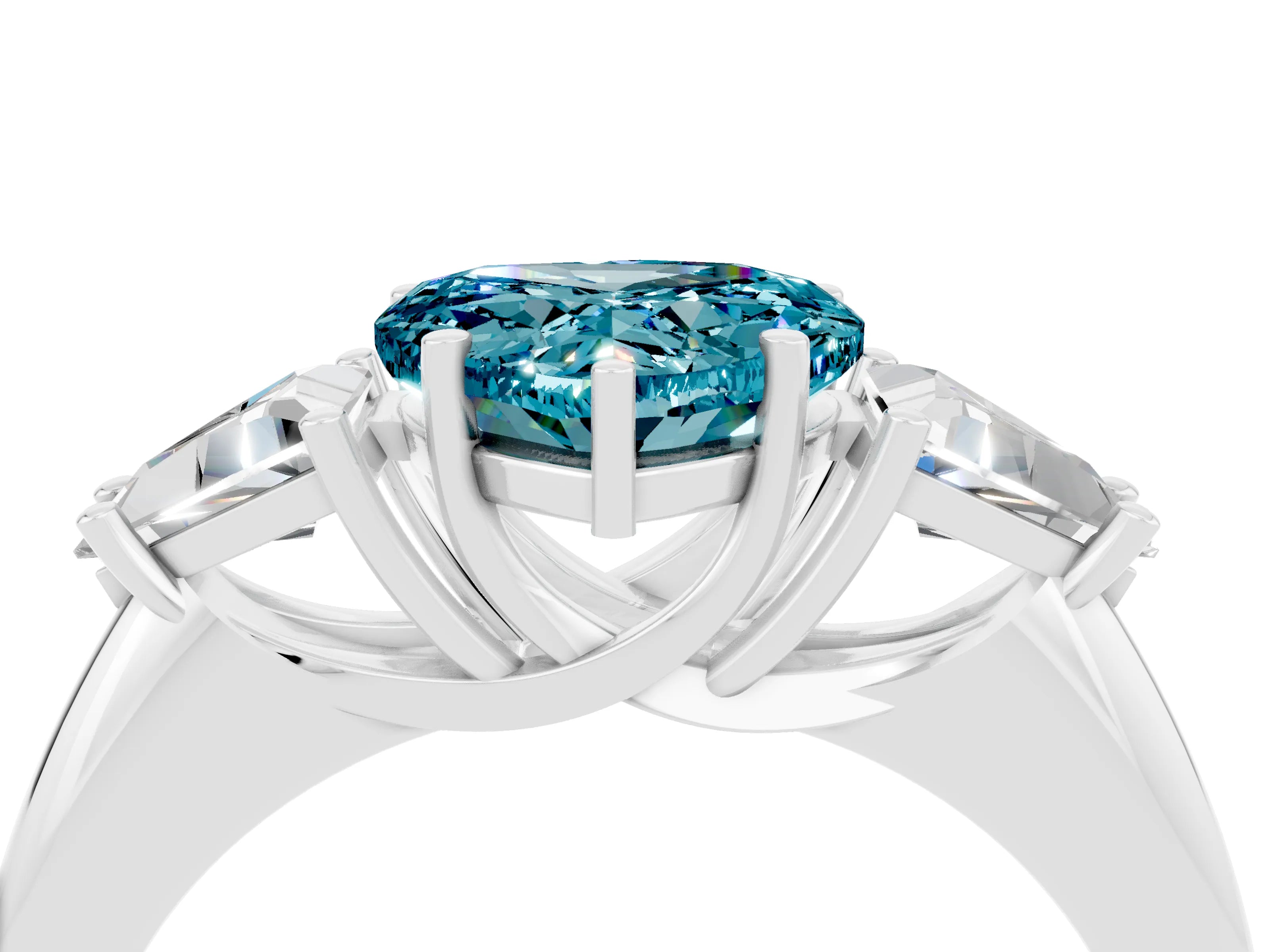 White gold Three-Stone Heart Cut Cut Diamond Ring with Trillion Side Stones and Four-Prong Setting_4