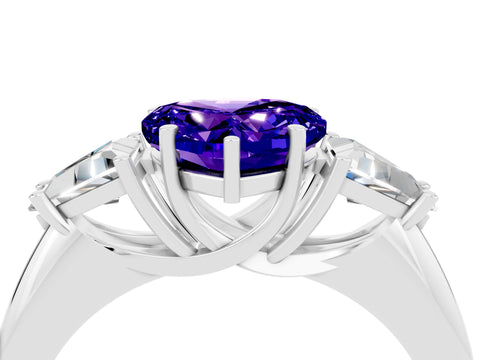 White gold Three-Stone Heart Cut Cut Diamond Ring with Trillion Side Stones and Four-Prong Setting_4