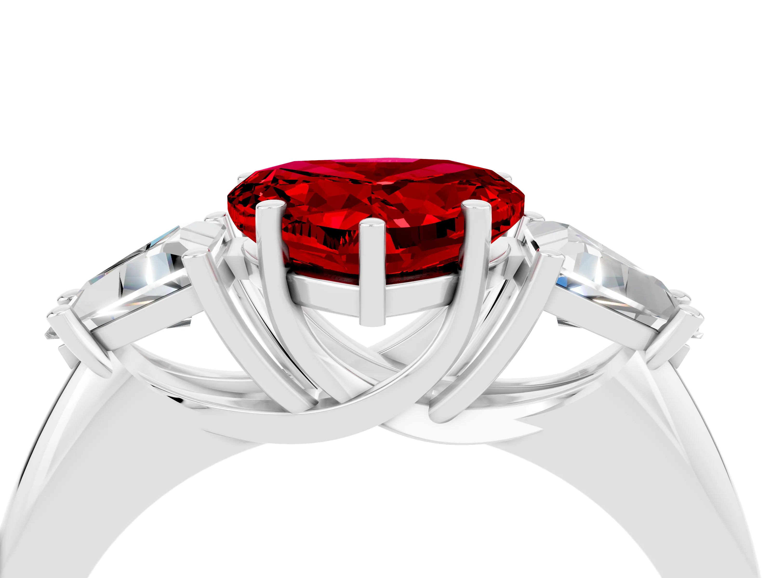 White gold Three-Stone Heart Cut Cut Diamond Ring with Trillion Side Stones and Four-Prong Setting_4