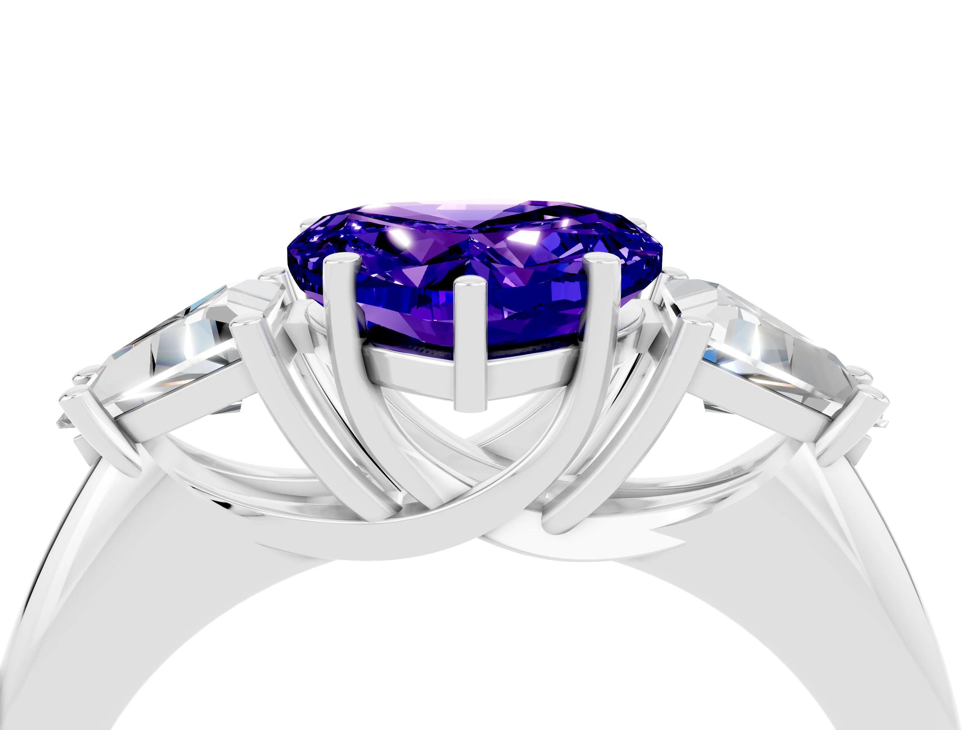 White gold Three-Stone Heart Cut Cut Diamond Ring with Trillion Side Stones and Four-Prong Setting_4