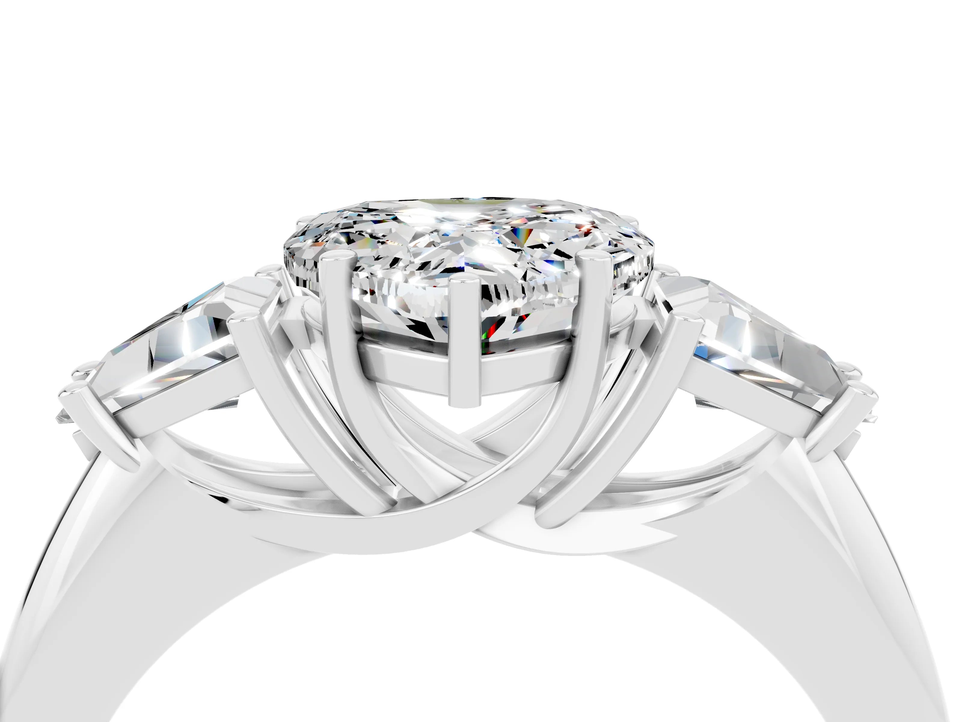 White gold Three-Stone Heart Cut Cut Diamond Ring with Trillion Side Stones and Four-Prong Setting_4