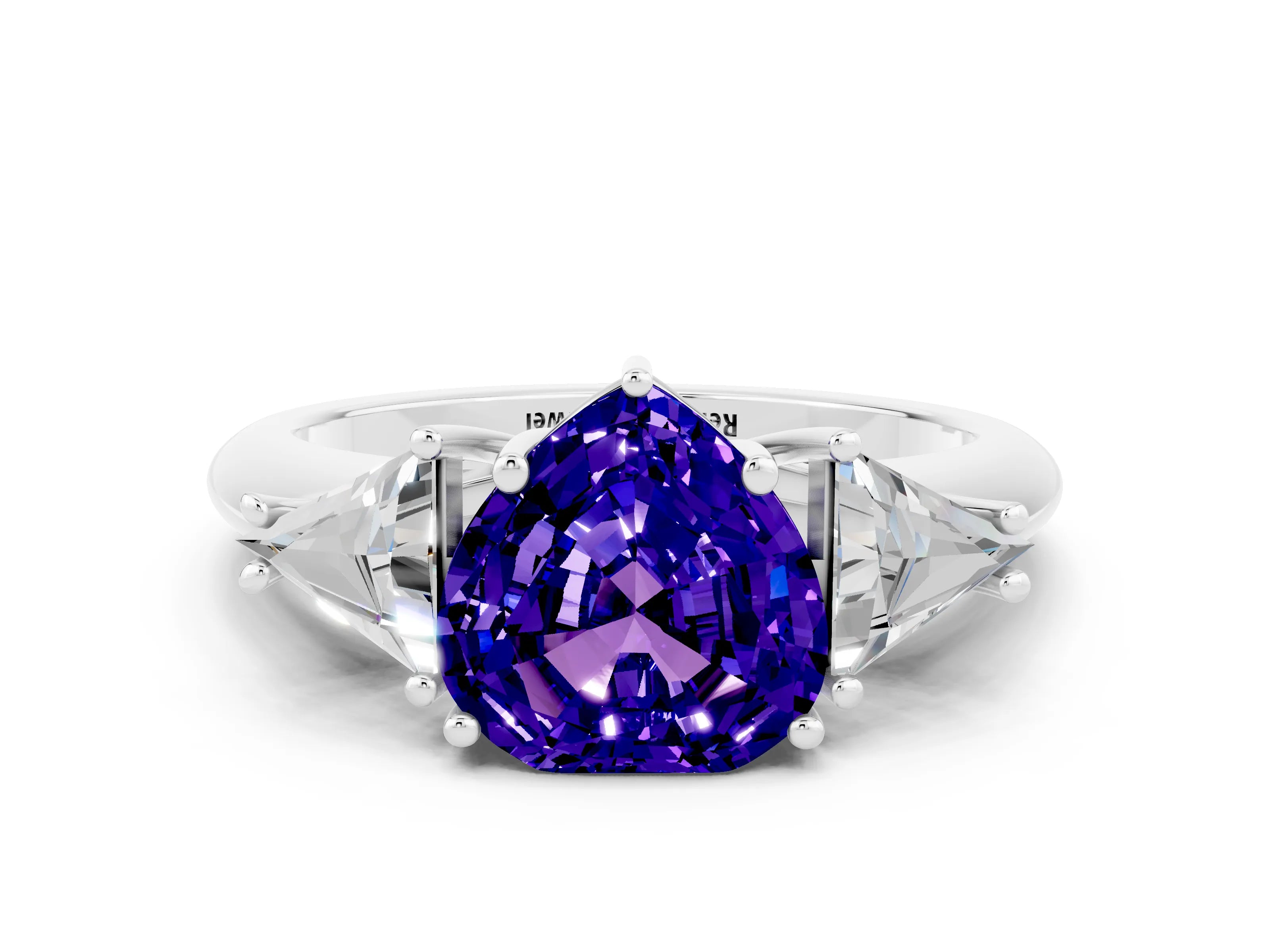 White gold Three-Stone Heart Cut Cut Diamond Ring with Trillion Side Stones and Four-Prong Setting