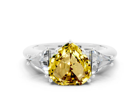 White gold Three-Stone Heart Cut Cut Diamond Ring with Trillion Side Stones and Four-Prong Setting
