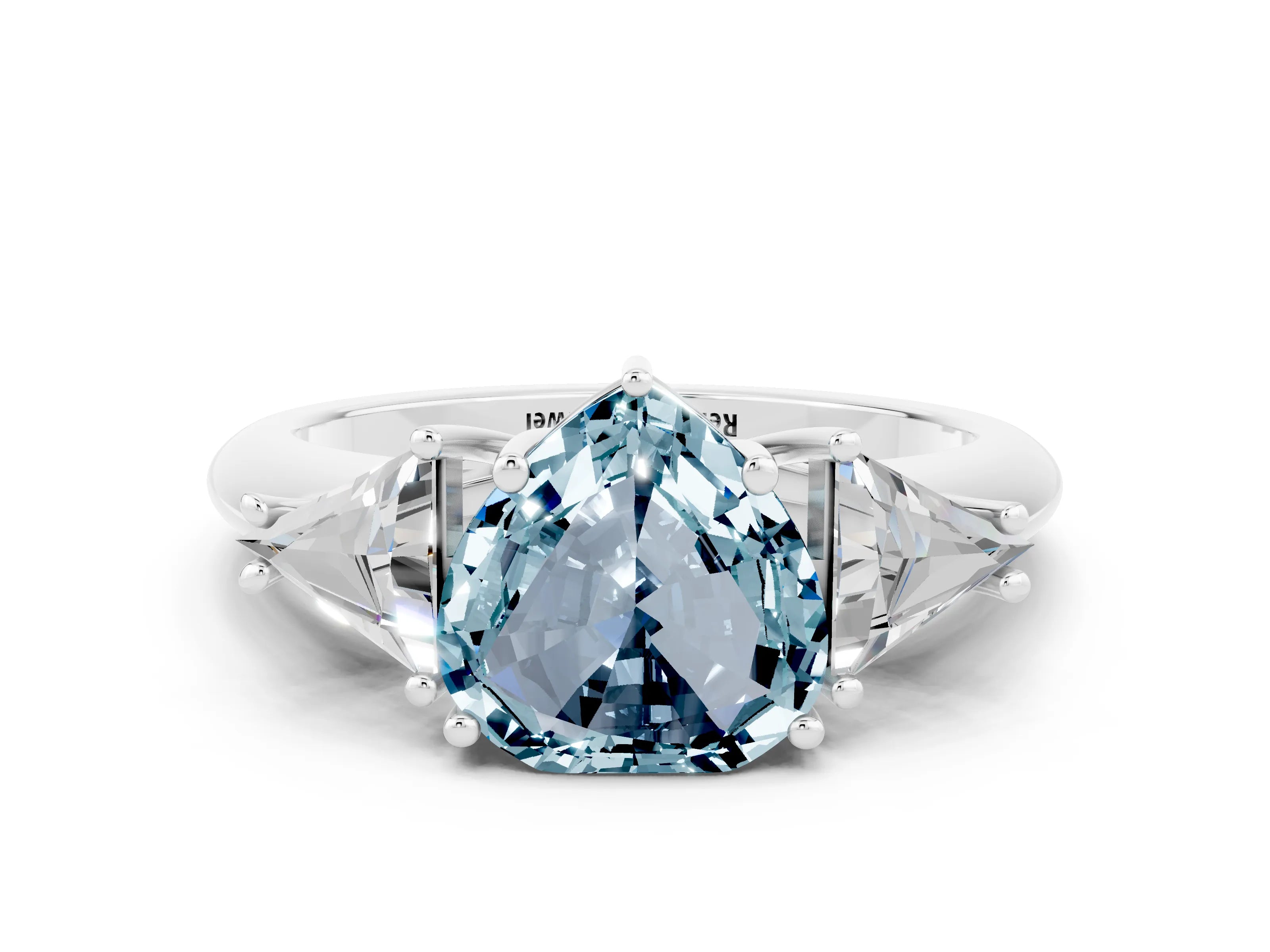 White gold Three-Stone Heart Cut Cut Diamond Ring with Trillion Side Stones and Four-Prong Setting