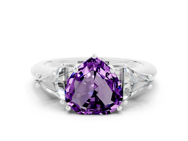 Silver Three-Stone Heart Cut Cut Diamond Ring with Trillion Side Stones and Four-Prong Setting
