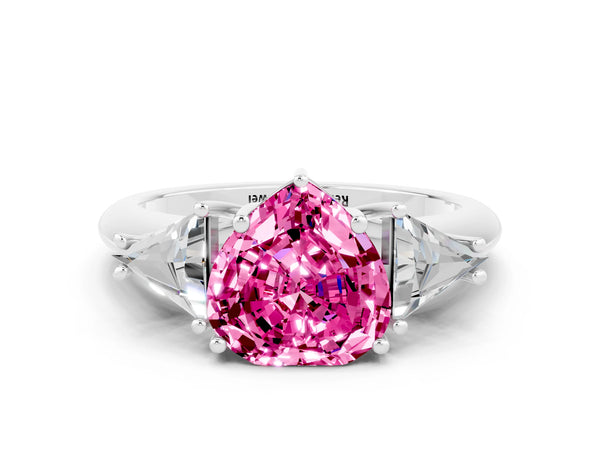 Silver Three-Stone Heart Cut Cut Diamond Ring with Trillion Side Stones and Four-Prong Setting