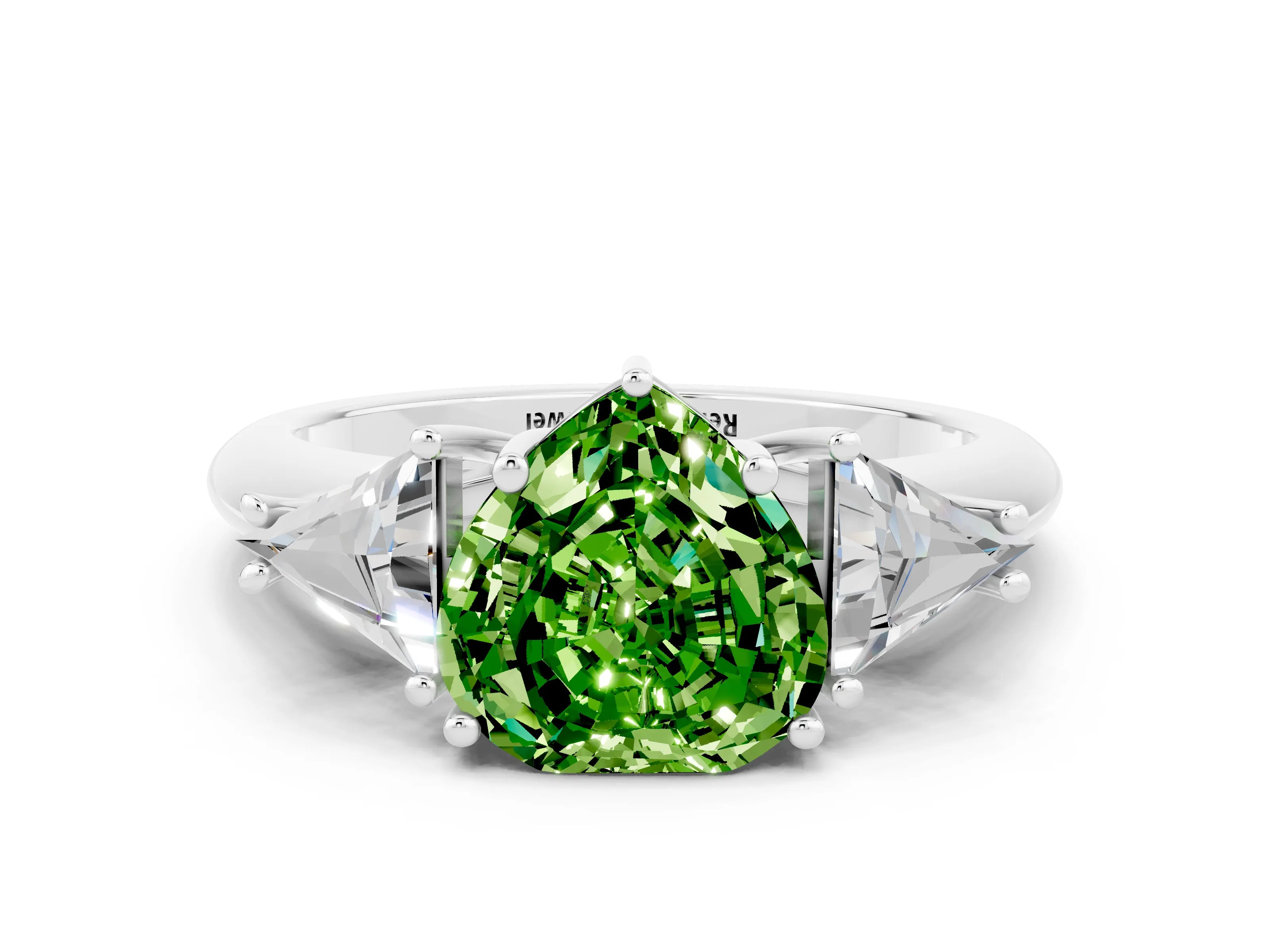 White gold Three-Stone Heart Cut Cut Diamond Ring with Trillion Side Stones and Four-Prong Setting
