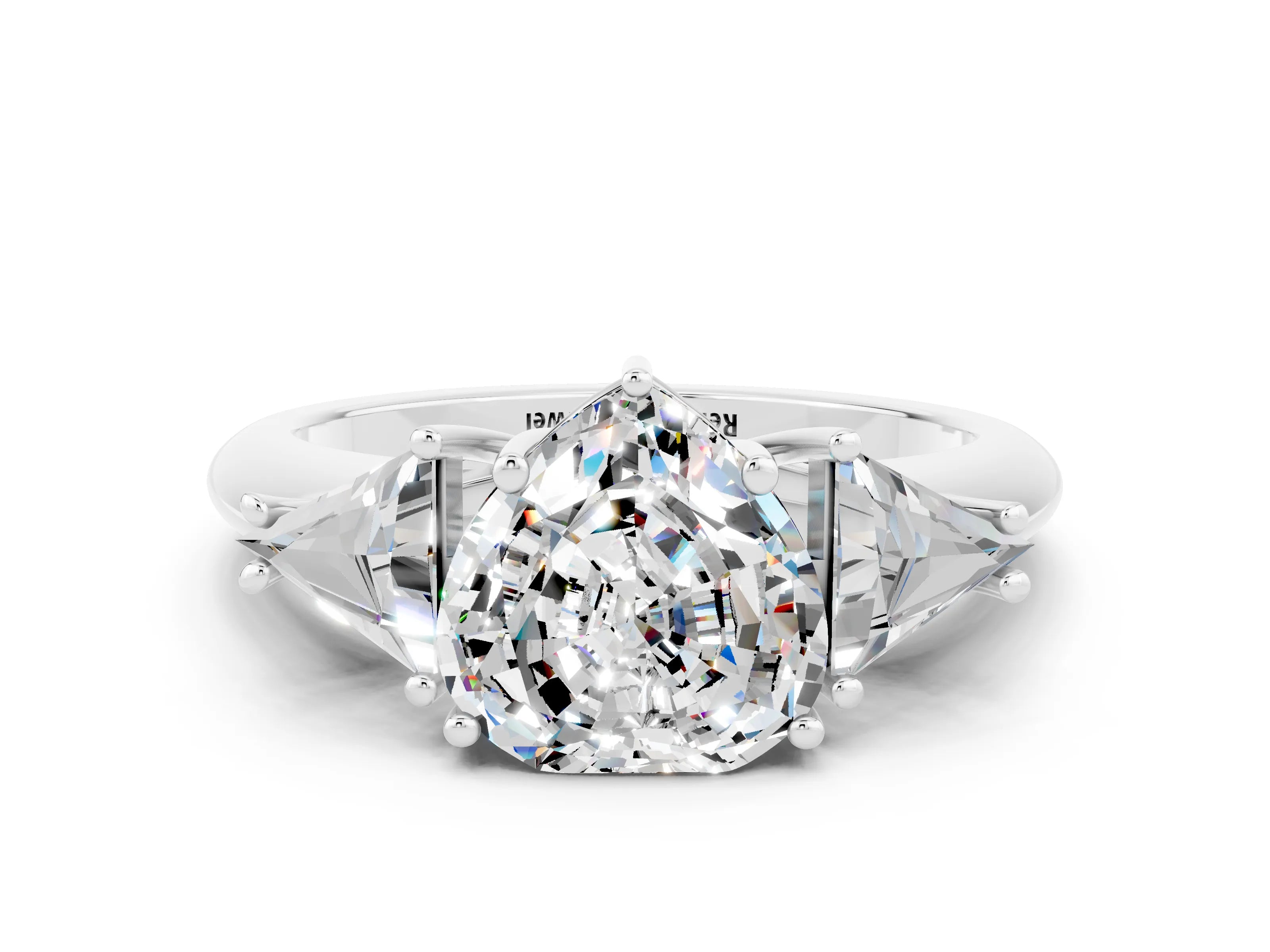 White gold Three-Stone Heart Cut Cut Diamond Ring with Trillion Side Stones and Four-Prong Setting
