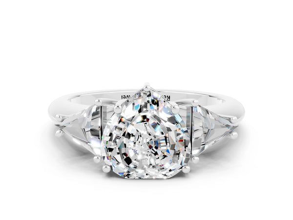 Silver Three-Stone Heart Cut Moissanite Engagement Ring with Trillion Side Stones and Prong Setting