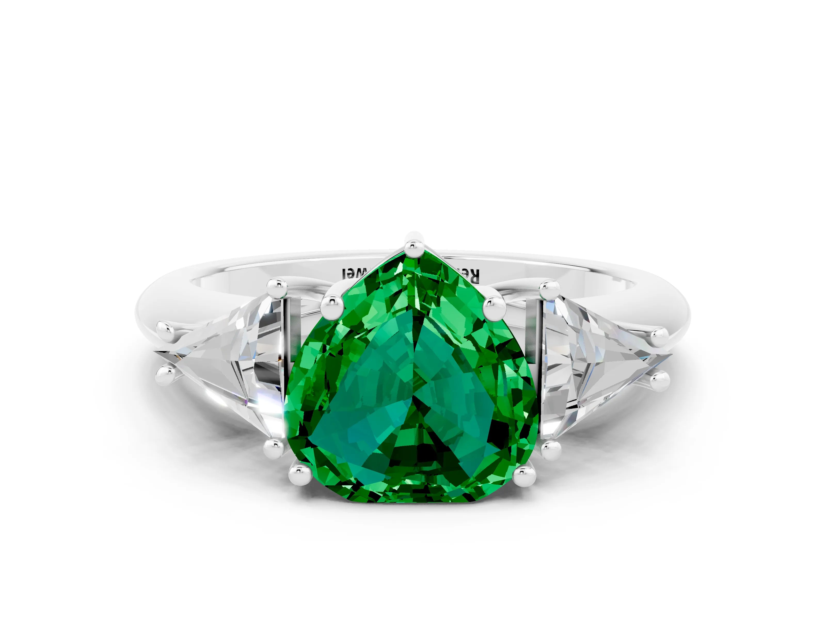 White gold Three-Stone Heart Cut Cut Diamond Ring with Trillion Side Stones and Four-Prong Setting